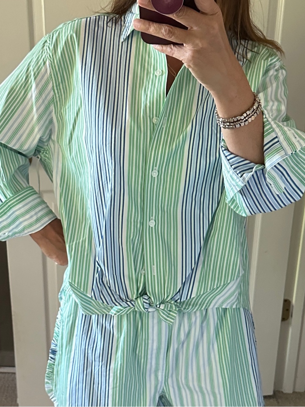 Women’s Green and Blue Striped Tie-Front Blouse (wear it tied or untied) - Picture 6 of 6
